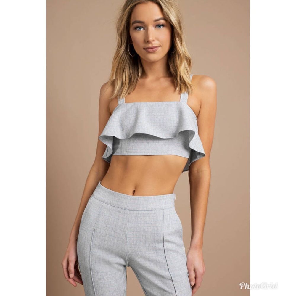 Revolve L’ATISTE Blue Grey Ruffle Flounce Crop Top, L